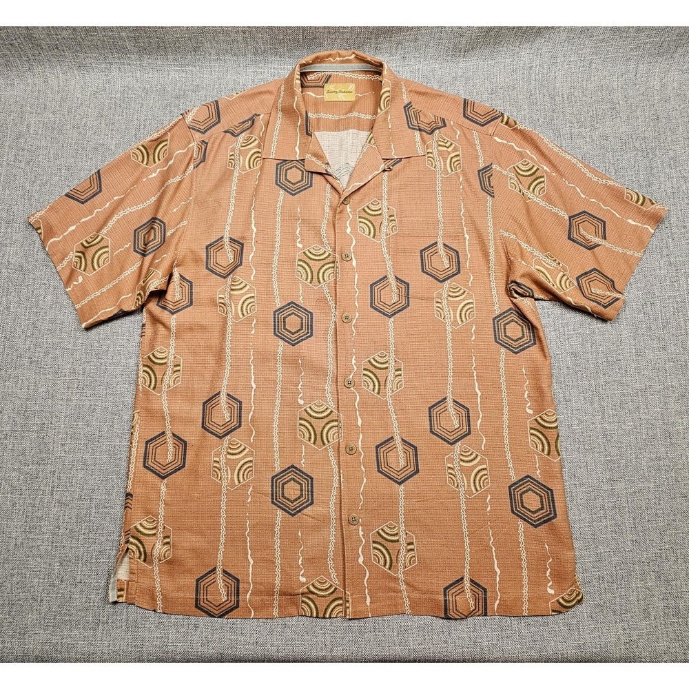Tommy Bahama Shirt Mens Large Brown Silk Geometric Hawaiian Aloha Camp Button